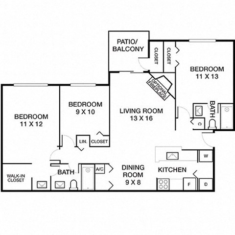 Floor plan for 3 beds, 2 baths, 1130 sqft